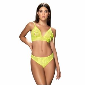 3 Wishes Neon Yellow Lace Peek-a-Boo Bra & Panty Set - Size Medium